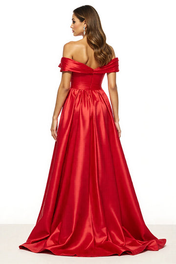 Red Satin A Line Off The Shoulder Long Formal Dress with Slit